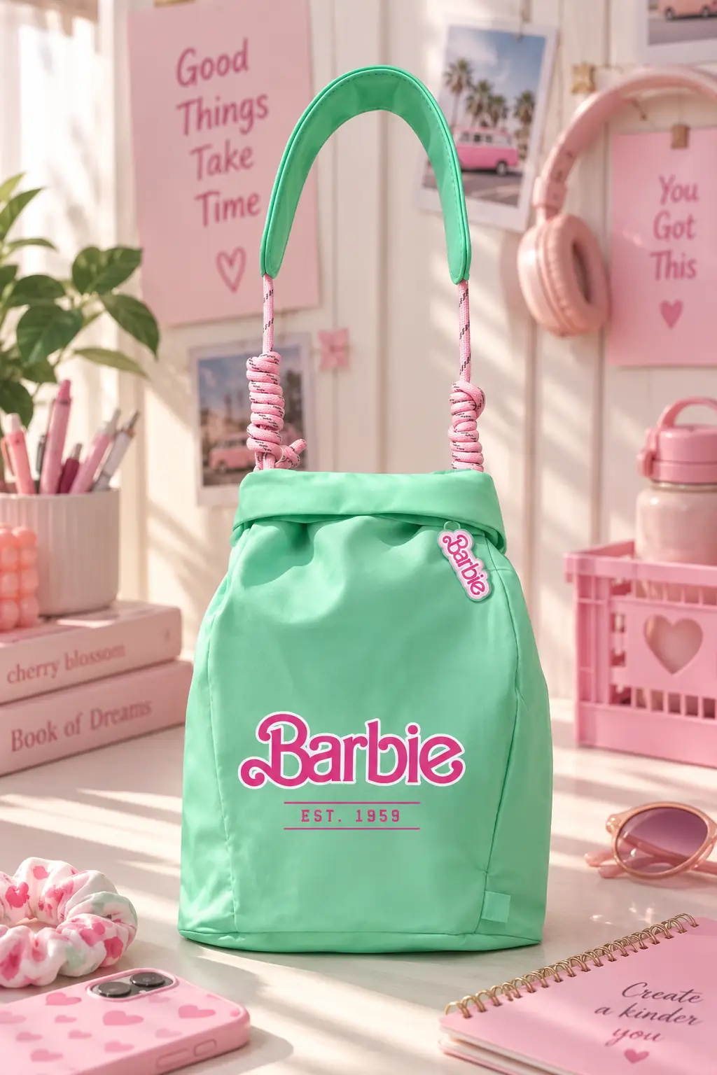 Barbie Lisanslı DIY Su Şişesi Taşıma Çantası Yeşil 16x26 Cm